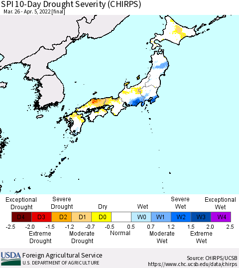 Japan SPI 10-Day Drought Severity (CHIRPS) Thematic Map For 3/26/2022 - 4/5/2022