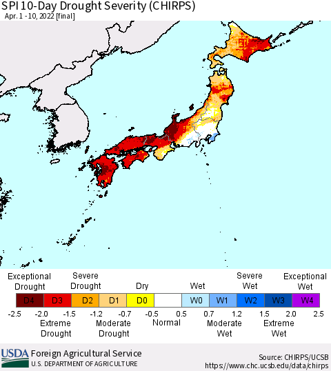Japan SPI 10-Day Drought Severity (CHIRPS) Thematic Map For 4/1/2022 - 4/10/2022