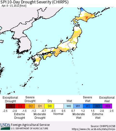 Japan SPI 10-Day Drought Severity (CHIRPS) Thematic Map For 4/6/2022 - 4/15/2022