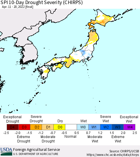 Japan SPI 10-Day Drought Severity (CHIRPS) Thematic Map For 4/11/2022 - 4/20/2022