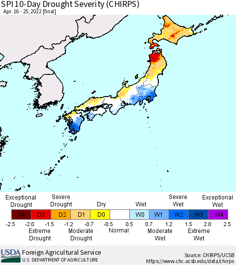 Japan SPI 10-Day Drought Severity (CHIRPS) Thematic Map For 4/16/2022 - 4/25/2022