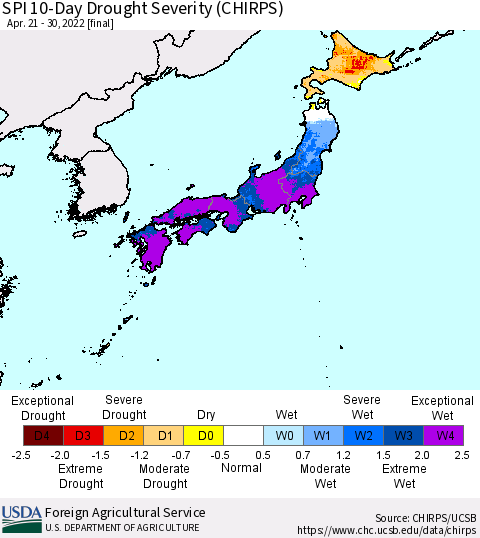 Japan SPI 10-Day Drought Severity (CHIRPS) Thematic Map For 4/21/2022 - 4/30/2022