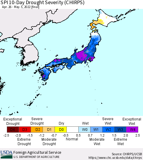 Japan SPI 10-Day Drought Severity (CHIRPS) Thematic Map For 4/26/2022 - 5/5/2022