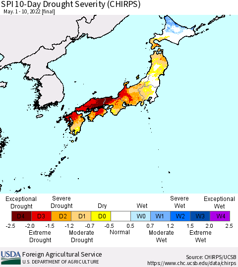 Japan SPI 10-Day Drought Severity (CHIRPS) Thematic Map For 5/1/2022 - 5/10/2022