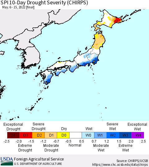 Japan SPI 10-Day Drought Severity (CHIRPS) Thematic Map For 5/6/2022 - 5/15/2022