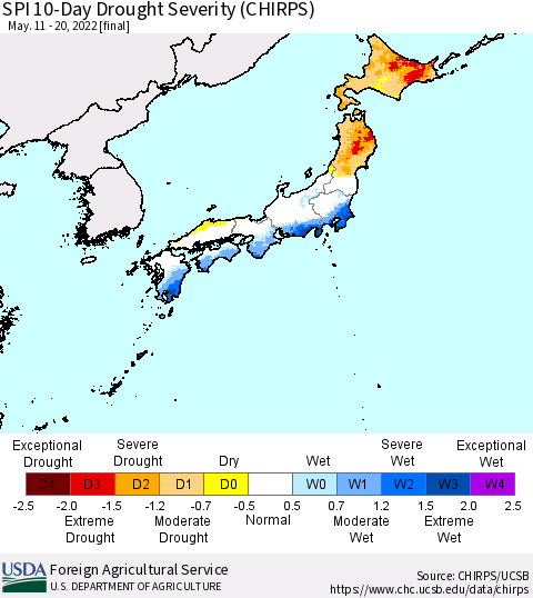 Japan SPI 10-Day Drought Severity (CHIRPS) Thematic Map For 5/11/2022 - 5/20/2022
