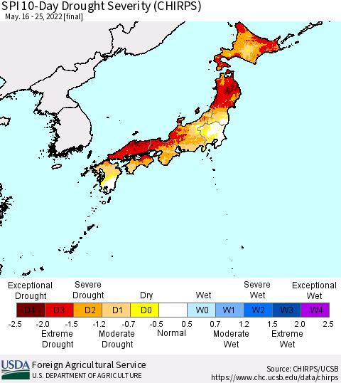 Japan SPI 10-Day Drought Severity (CHIRPS) Thematic Map For 5/16/2022 - 5/25/2022