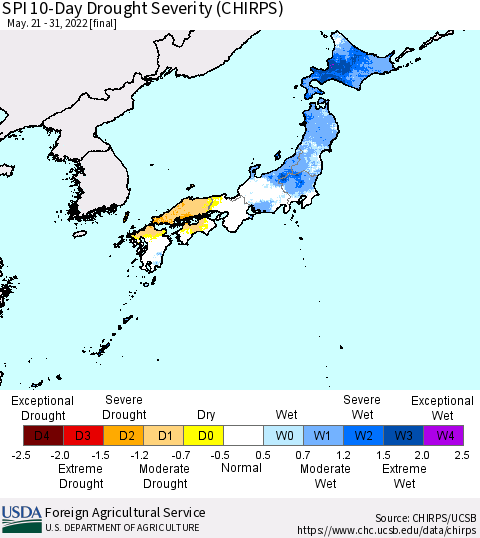 Japan SPI 10-Day Drought Severity (CHIRPS) Thematic Map For 5/21/2022 - 5/31/2022