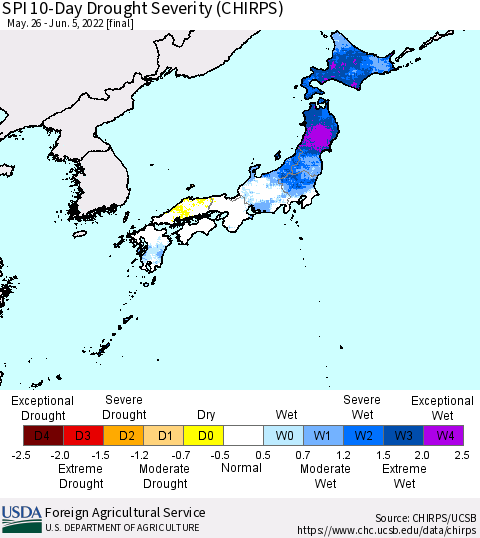 Japan SPI 10-Day Drought Severity (CHIRPS) Thematic Map For 5/26/2022 - 6/5/2022