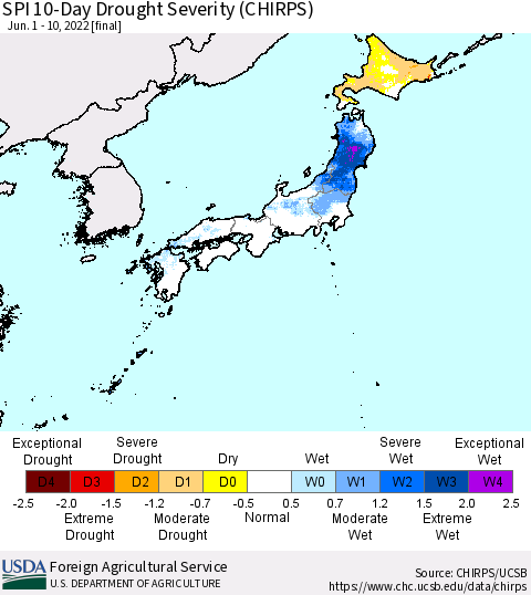 Japan SPI 10-Day Drought Severity (CHIRPS) Thematic Map For 6/1/2022 - 6/10/2022