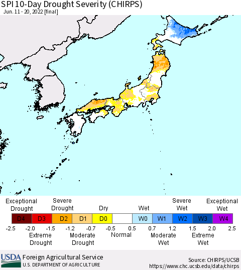 Japan SPI 10-Day Drought Severity (CHIRPS) Thematic Map For 6/11/2022 - 6/20/2022