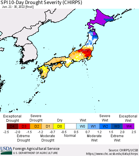 Japan SPI 10-Day Drought Severity (CHIRPS) Thematic Map For 6/21/2022 - 6/30/2022