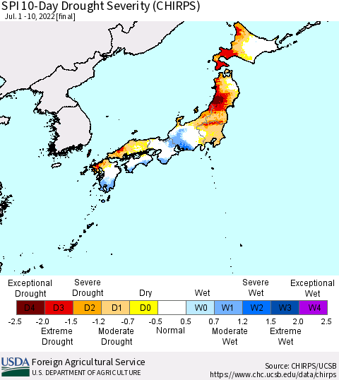 Japan SPI 10-Day Drought Severity (CHIRPS) Thematic Map For 7/1/2022 - 7/10/2022
