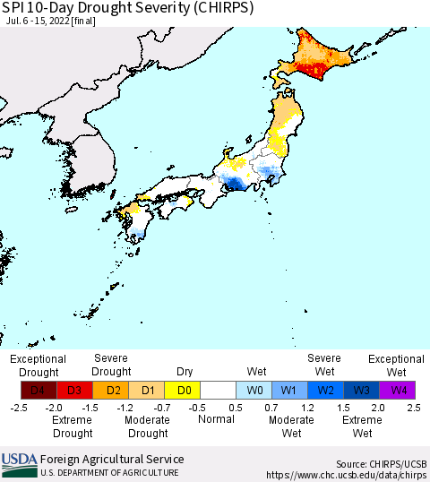 Japan SPI 10-Day Drought Severity (CHIRPS) Thematic Map For 7/6/2022 - 7/15/2022