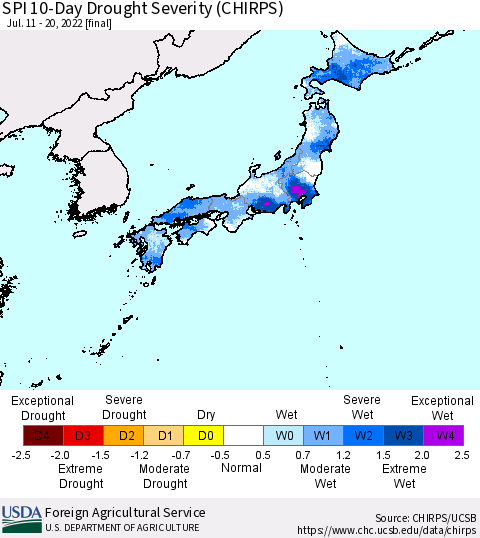 Japan SPI 10-Day Drought Severity (CHIRPS) Thematic Map For 7/11/2022 - 7/20/2022