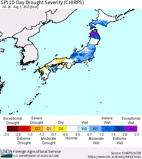 Japan SPI 10-Day Drought Severity (CHIRPS) Thematic Map For 7/26/2022 - 8/5/2022