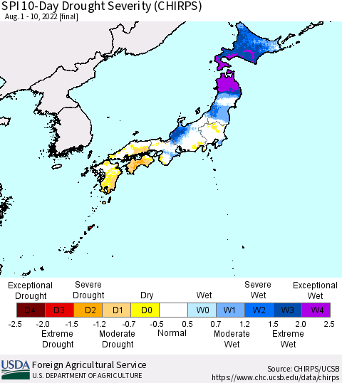 Japan SPI 10-Day Drought Severity (CHIRPS) Thematic Map For 8/1/2022 - 8/10/2022