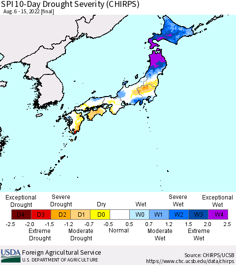 Japan SPI 10-Day Drought Severity (CHIRPS) Thematic Map For 8/6/2022 - 8/15/2022