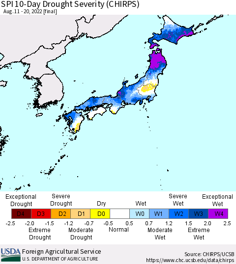 Japan SPI 10-Day Drought Severity (CHIRPS) Thematic Map For 8/11/2022 - 8/20/2022