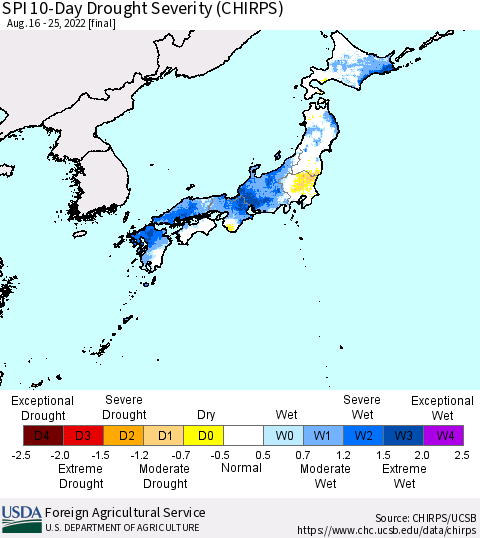 Japan SPI 10-Day Drought Severity (CHIRPS) Thematic Map For 8/16/2022 - 8/25/2022