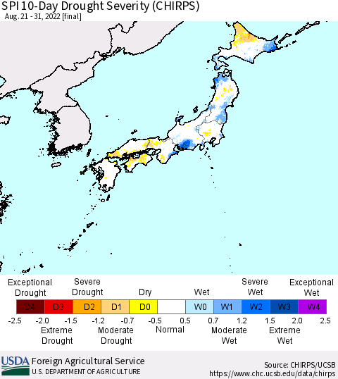 Japan SPI 10-Day Drought Severity (CHIRPS) Thematic Map For 8/21/2022 - 8/31/2022