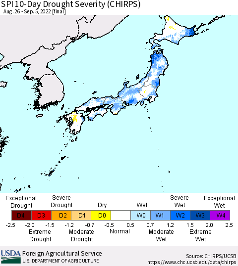 Japan SPI 10-Day Drought Severity (CHIRPS) Thematic Map For 8/26/2022 - 9/5/2022