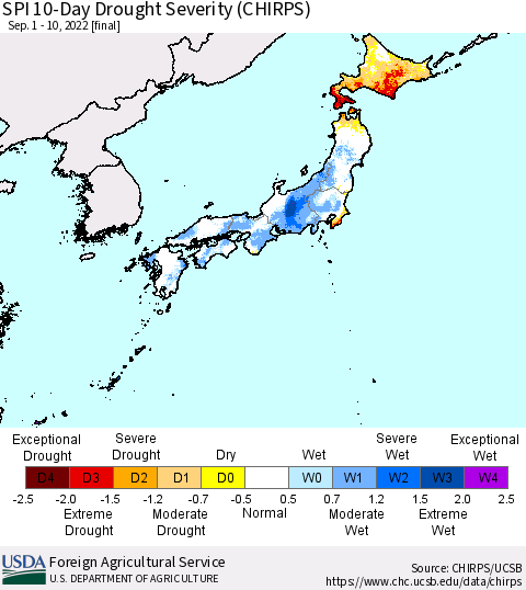 Japan SPI 10-Day Drought Severity (CHIRPS) Thematic Map For 9/1/2022 - 9/10/2022