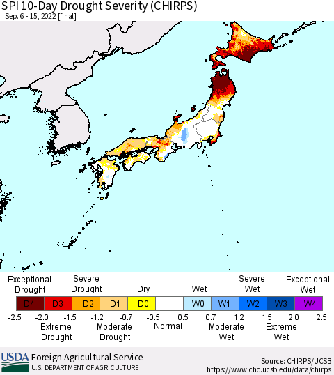Japan SPI 10-Day Drought Severity (CHIRPS) Thematic Map For 9/6/2022 - 9/15/2022