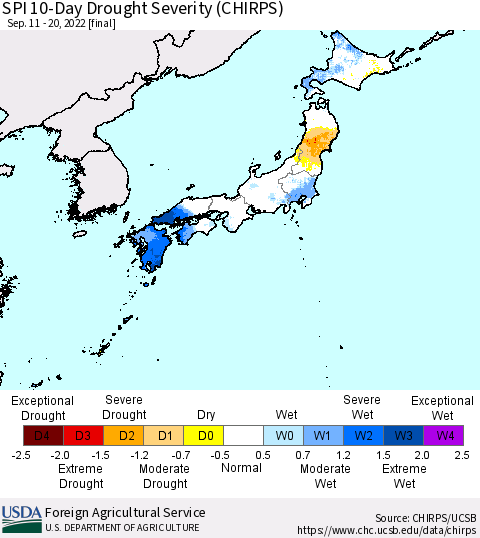 Japan SPI 10-Day Drought Severity (CHIRPS) Thematic Map For 9/11/2022 - 9/20/2022