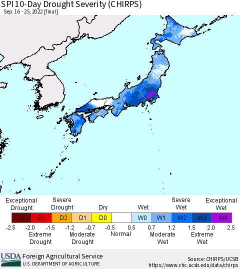 Japan SPI 10-Day Drought Severity (CHIRPS) Thematic Map For 9/16/2022 - 9/25/2022