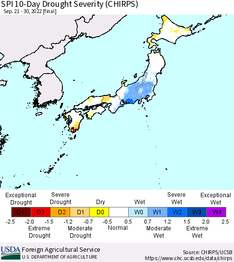 Japan SPI 10-Day Drought Severity (CHIRPS) Thematic Map For 9/21/2022 - 9/30/2022
