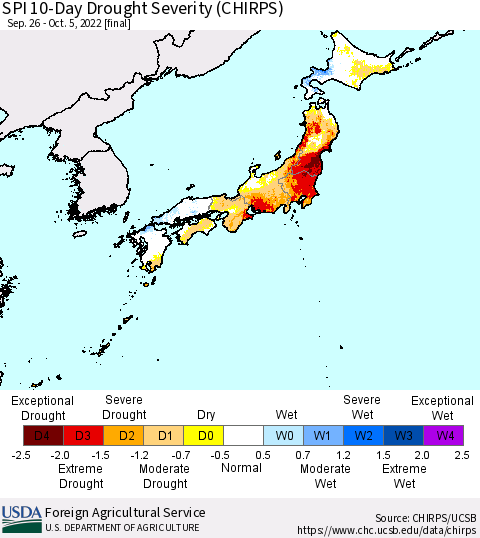 Japan SPI 10-Day Drought Severity (CHIRPS) Thematic Map For 9/26/2022 - 10/5/2022