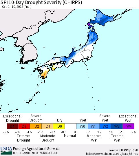 Japan SPI 10-Day Drought Severity (CHIRPS) Thematic Map For 10/1/2022 - 10/10/2022