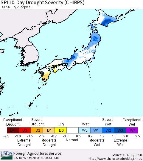 Japan SPI 10-Day Drought Severity (CHIRPS) Thematic Map For 10/6/2022 - 10/15/2022