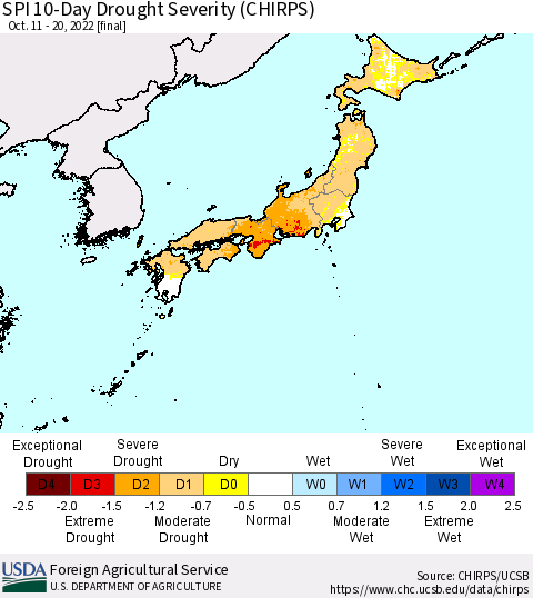 Japan SPI 10-Day Drought Severity (CHIRPS) Thematic Map For 10/11/2022 - 10/20/2022