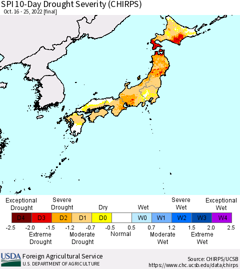 Japan SPI 10-Day Drought Severity (CHIRPS) Thematic Map For 10/16/2022 - 10/25/2022