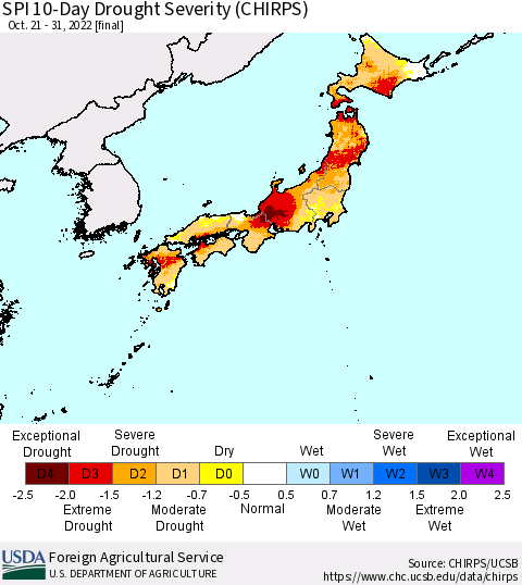 Japan SPI 10-Day Drought Severity (CHIRPS) Thematic Map For 10/21/2022 - 10/31/2022