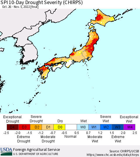 Japan SPI 10-Day Drought Severity (CHIRPS) Thematic Map For 10/26/2022 - 11/5/2022