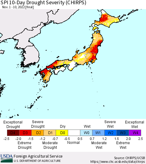 Japan SPI 10-Day Drought Severity (CHIRPS) Thematic Map For 11/1/2022 - 11/10/2022
