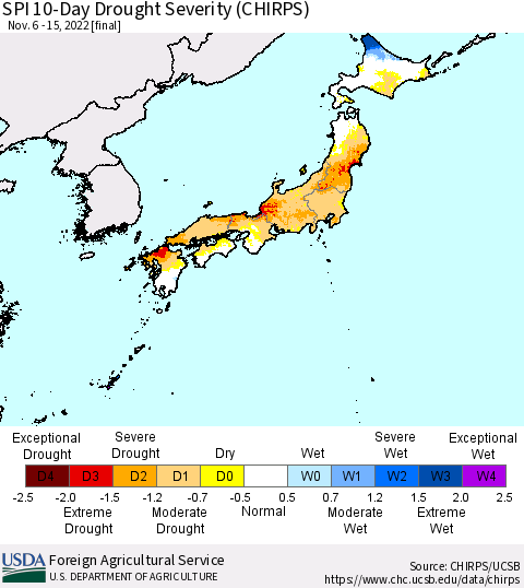 Japan SPI 10-Day Drought Severity (CHIRPS) Thematic Map For 11/6/2022 - 11/15/2022