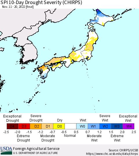 Japan SPI 10-Day Drought Severity (CHIRPS) Thematic Map For 11/11/2022 - 11/20/2022