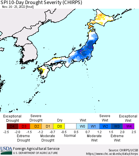Japan SPI 10-Day Drought Severity (CHIRPS) Thematic Map For 11/16/2022 - 11/25/2022