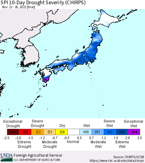 Japan SPI 10-Day Drought Severity (CHIRPS) Thematic Map For 11/21/2022 - 11/30/2022