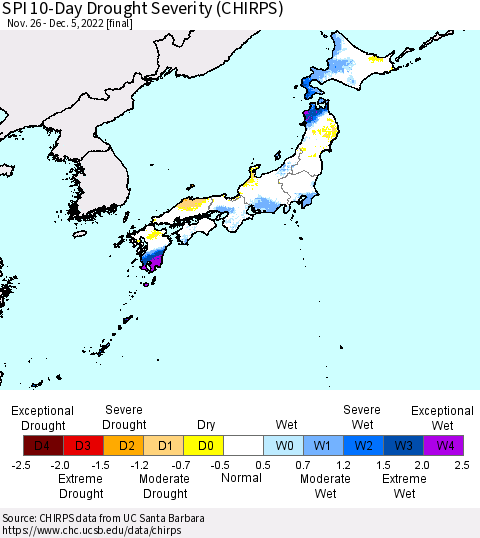 Japan SPI 10-Day Drought Severity (CHIRPS) Thematic Map For 11/26/2022 - 12/5/2022