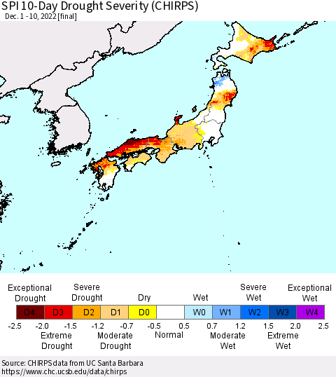 Japan SPI 10-Day Drought Severity (CHIRPS) Thematic Map For 12/1/2022 - 12/10/2022