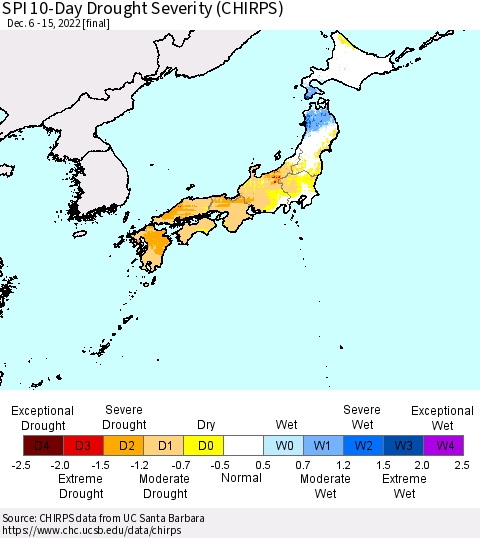 Japan SPI 10-Day Drought Severity (CHIRPS) Thematic Map For 12/6/2022 - 12/15/2022