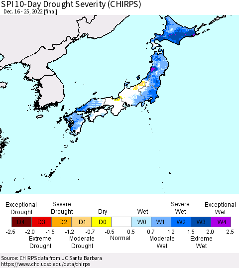 Japan SPI 10-Day Drought Severity (CHIRPS) Thematic Map For 12/16/2022 - 12/25/2022