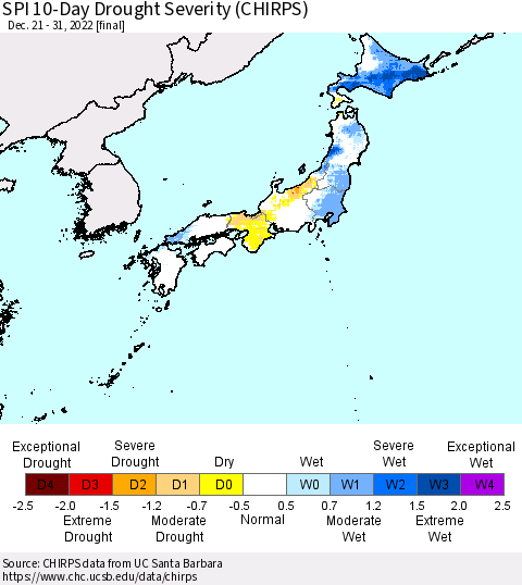 Japan SPI 10-Day Drought Severity (CHIRPS) Thematic Map For 12/21/2022 - 12/31/2022