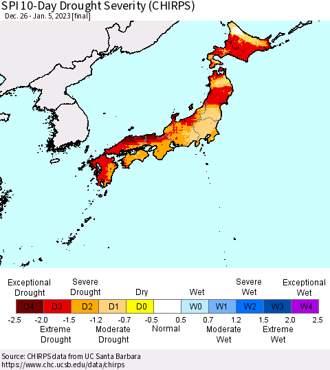 Japan SPI 10-Day Drought Severity (CHIRPS) Thematic Map For 12/26/2022 - 1/5/2023