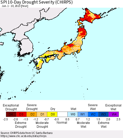 Japan SPI 10-Day Drought Severity (CHIRPS) Thematic Map For 1/1/2023 - 1/10/2023